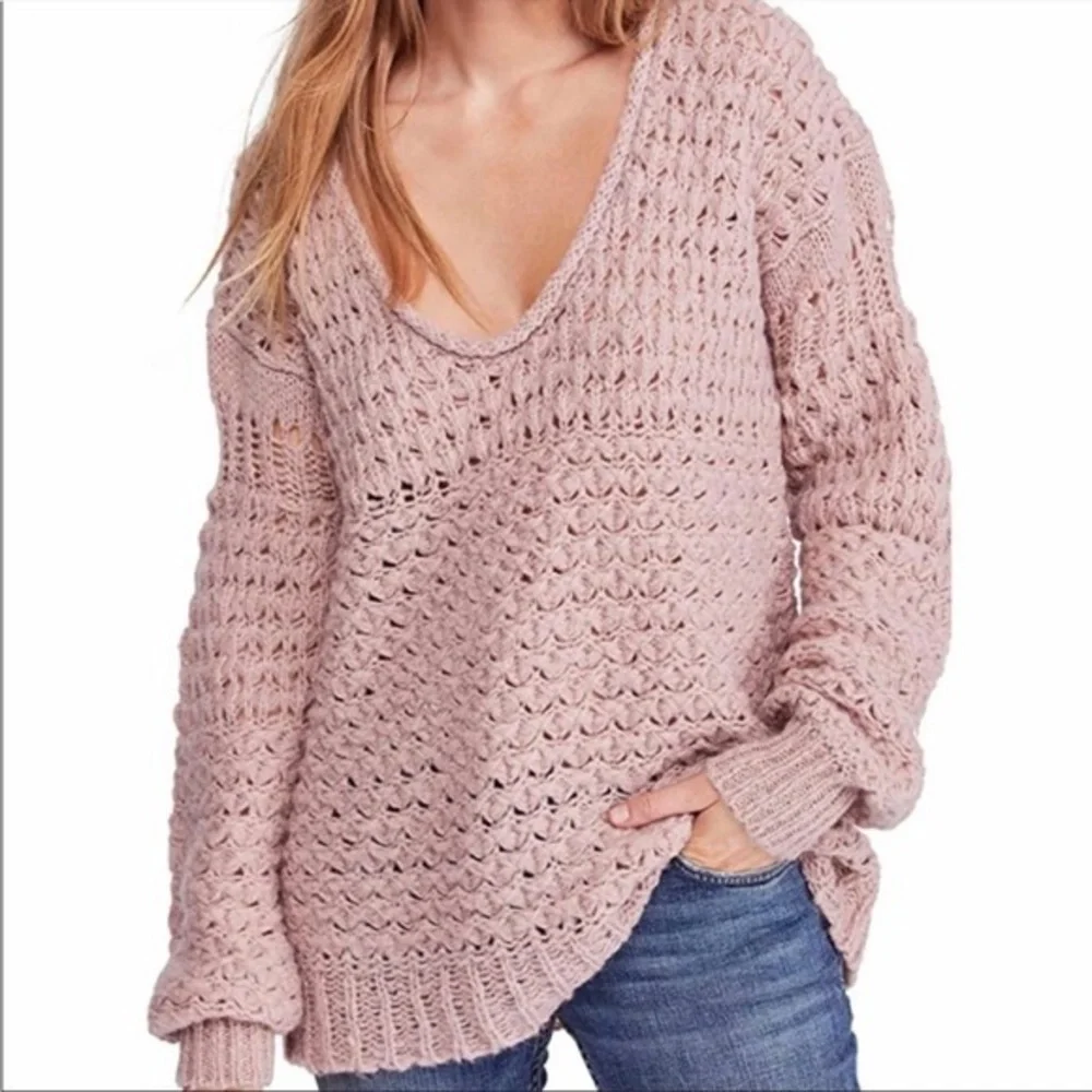 Free People Womens Crashing Waves Slouchy Oversized Wool Knit Pullover Sweater - Picture 2 of 10